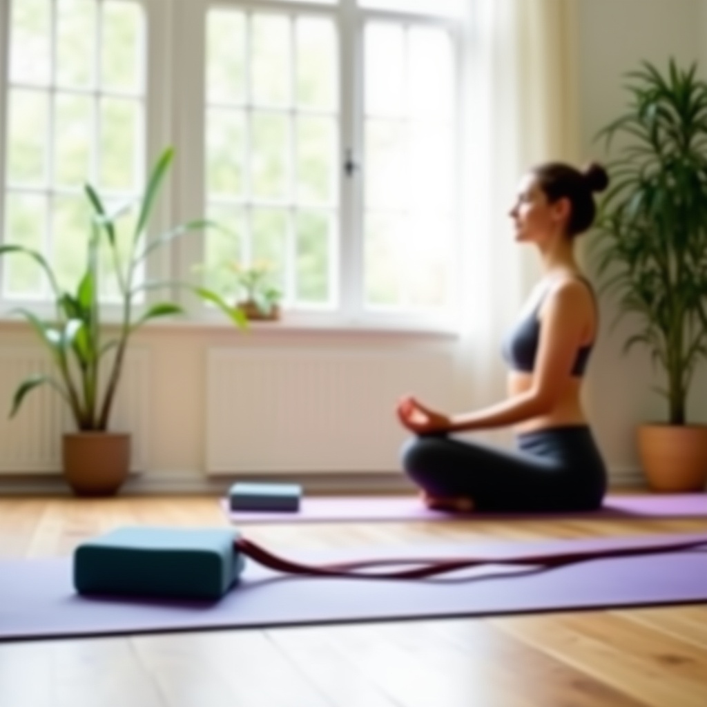 A woman sits cross-legged on a yoga mat in a bright room with large windows, yoga blocks, and indoor plants visible.