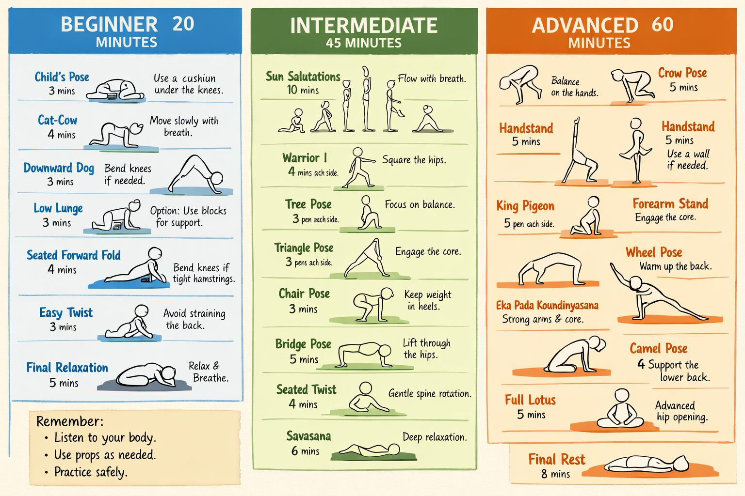 Comprehensive visual guide showing sample yoga sequences for three different levels side by side - beginner 20-minute sequence with basic po
